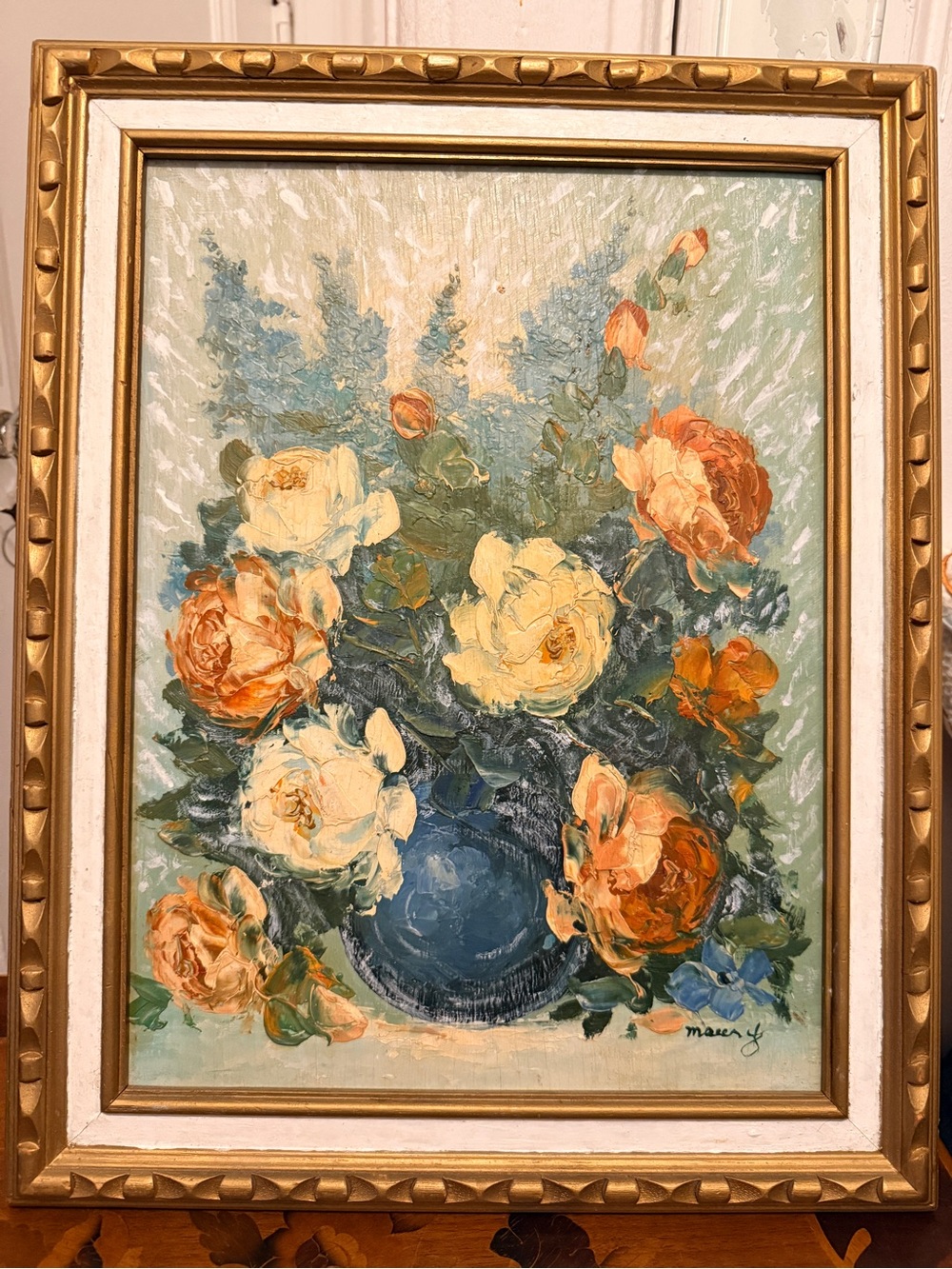 Vintage Signed Original Floral Oil Painting Roses Blue Vase 14x18